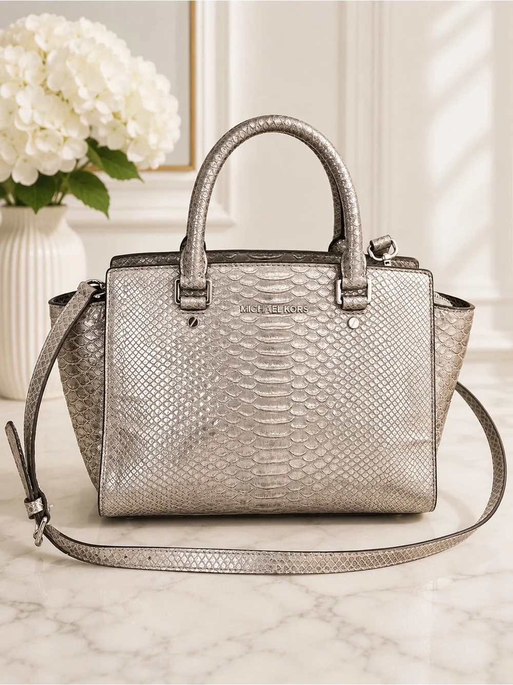Michael Kors Metallic Silver Snake Print Satchel Crossbody Shoulder Bag